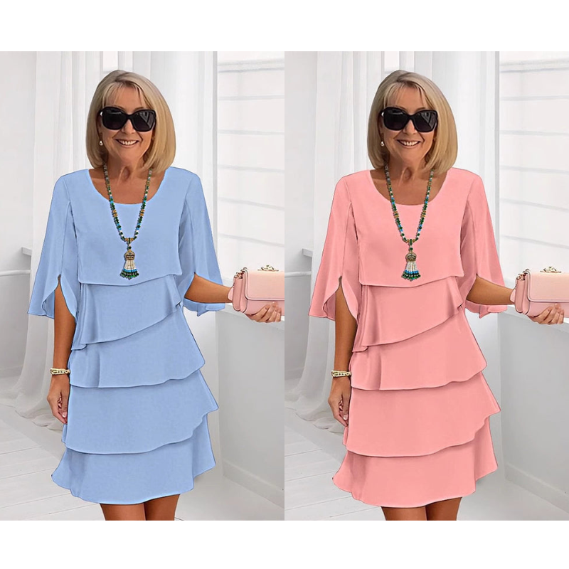 Light blue and pink puff-sleeve layered dresses with tiered ruffle skirts