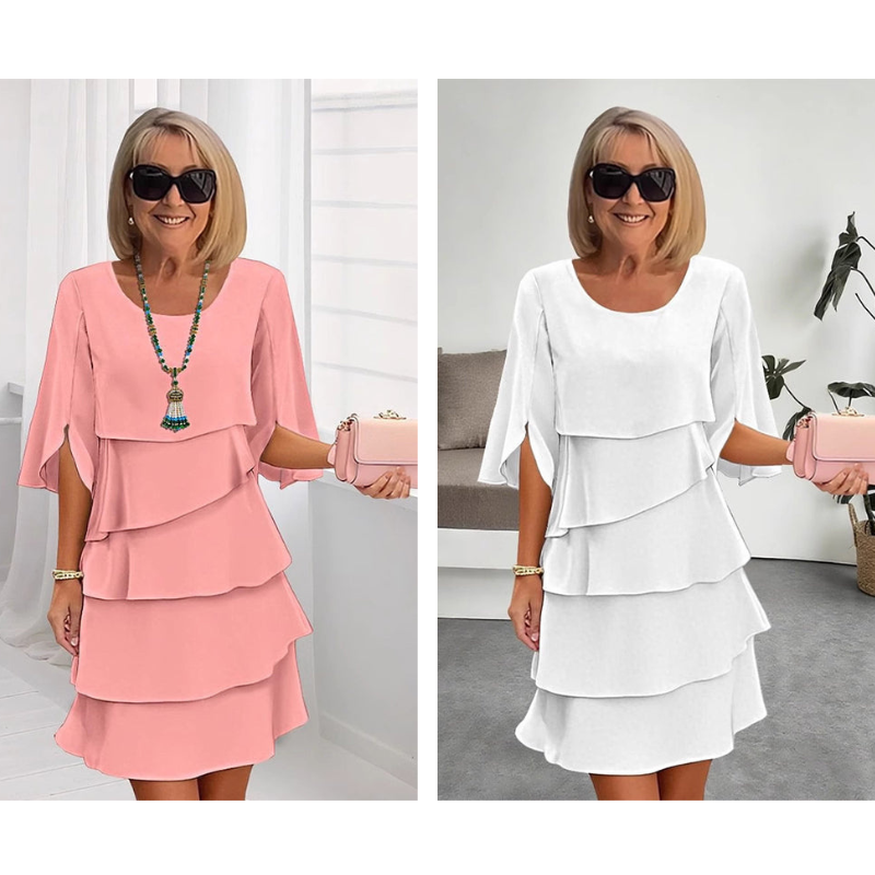 Pink and white puff-sleeve layered dresses with tiered ruffle skirts