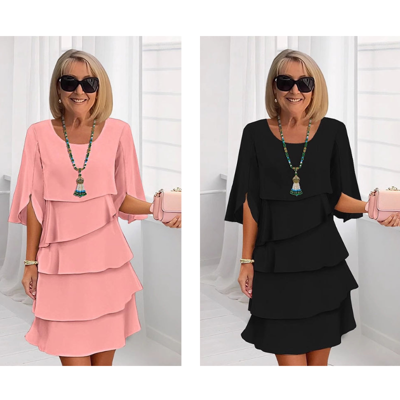 Pink and black puff-sleeve layered dresses with tiered ruffle skirts