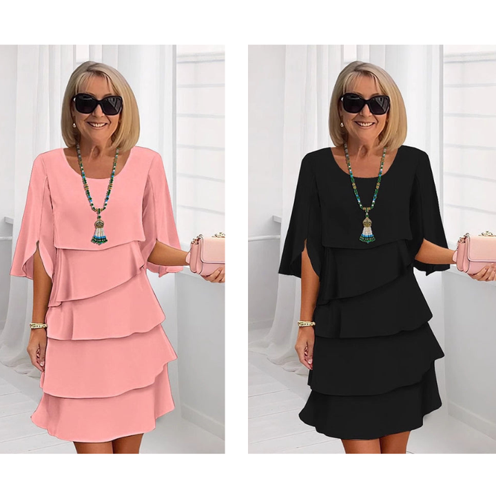 Pink and black puff-sleeve layered dresses with tiered ruffle skirts