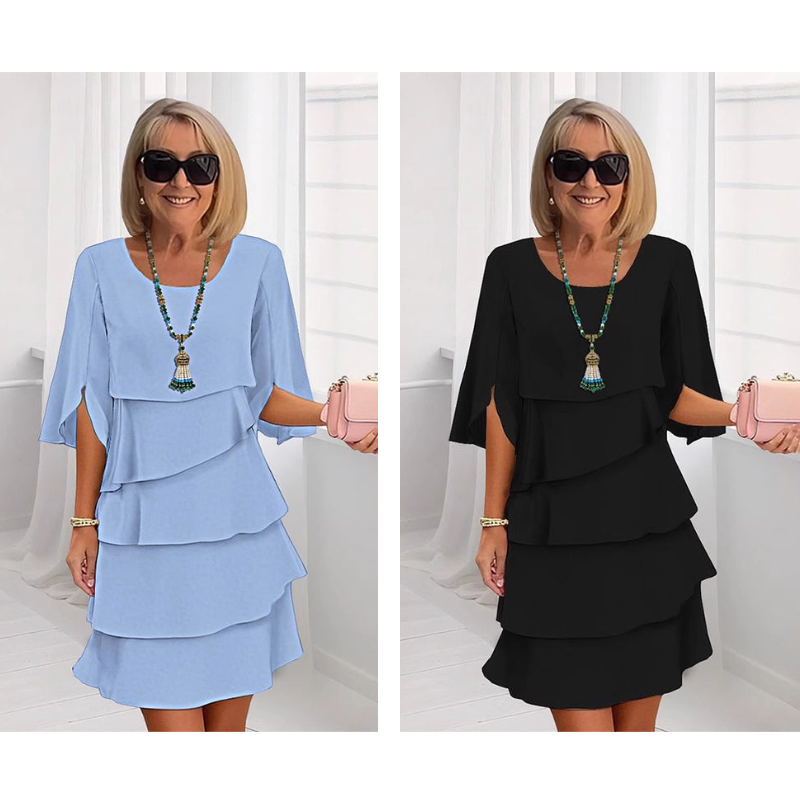 Light blue and black puff-sleeve layered dresses with tiered ruffle skirts