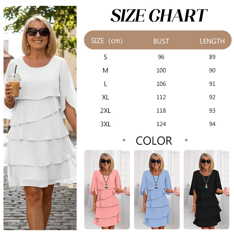 Women’s layered dress size chart with color swatches, shown in white