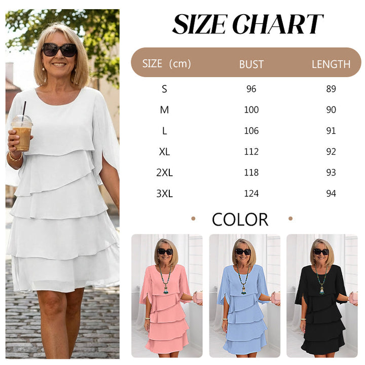 Women’s layered dress size chart with color swatches, shown in white