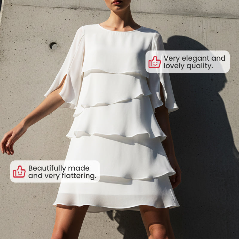 Women’s layered puff-sleeve dress in white with cascading tiers and round neckline