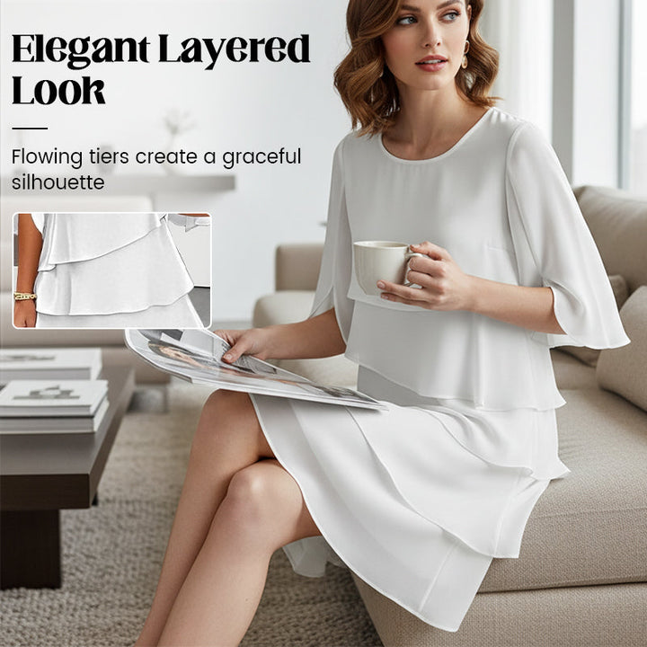 Women’s white tiered layered dress with flutter puff sleeves and loose fit