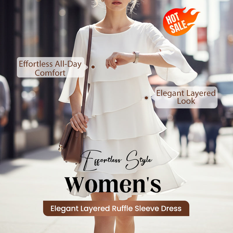 Women’s layered puff-sleeve dress in white with tiered ruffles and scoop neckline